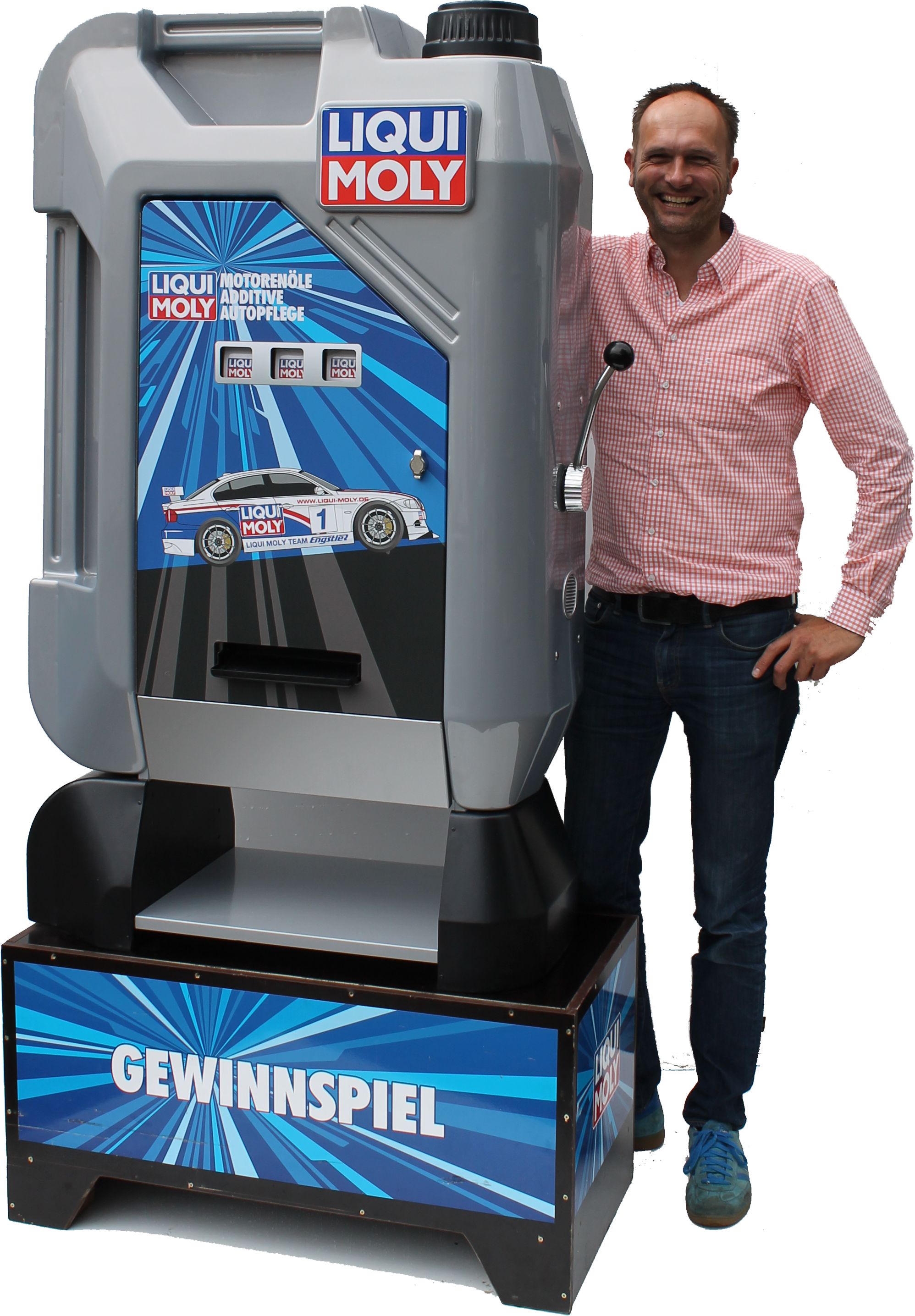 Einarmiger Bandit in Sonderform.3d Kanister, freistehend mit einer Gesamthöge von 209 cm.Einsatz: Genfer Autoshow, div. Hausmessen, KundenveranstaltungenKunde: Liqui Moly, Ulm Liqui Moly Kanister Slot